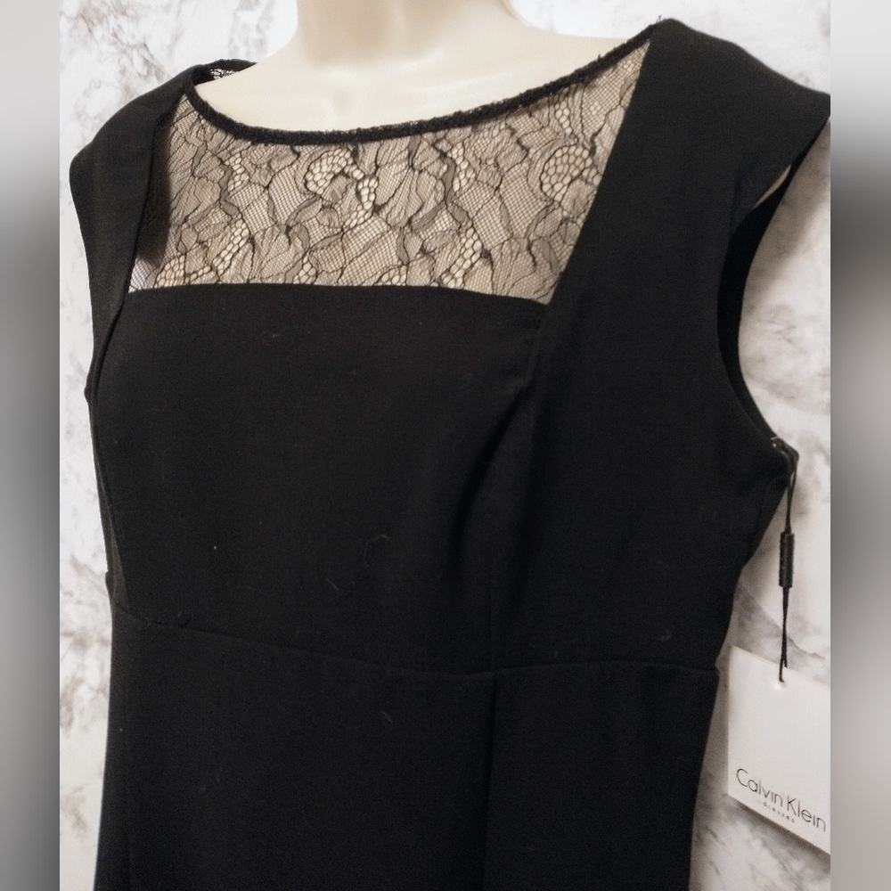 Calvin Klein Black Cocktail Dress Size 8 Lace Yoke Sheath Knee Length NWT - Picture 5 of 11